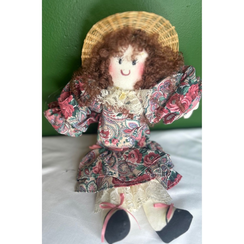 Vintage Handmade Rag Doll Floral Paisley Lace Dress Woven Straw Hat 12 Inch